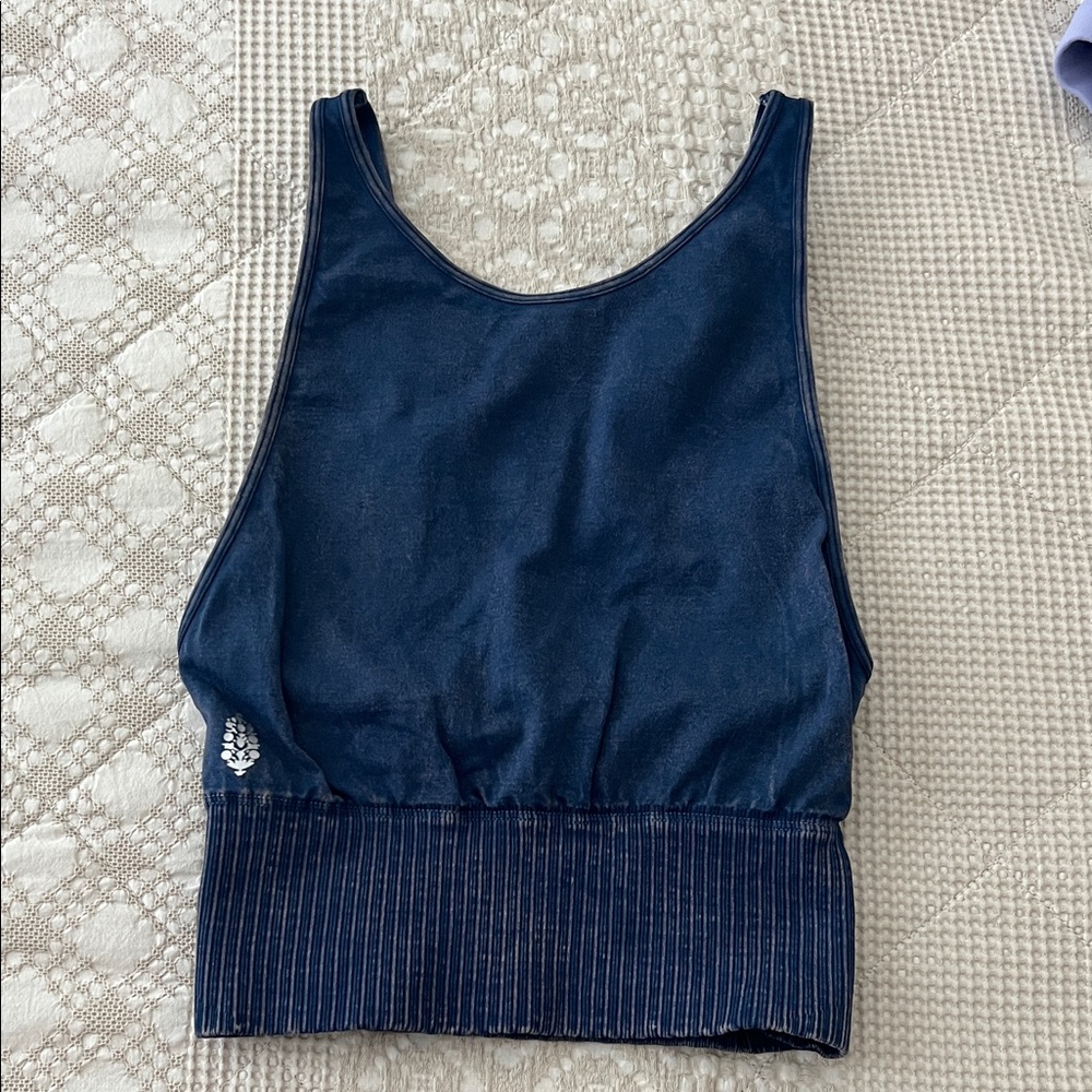 Navy Blue Sleeveless Top with Striped Hem